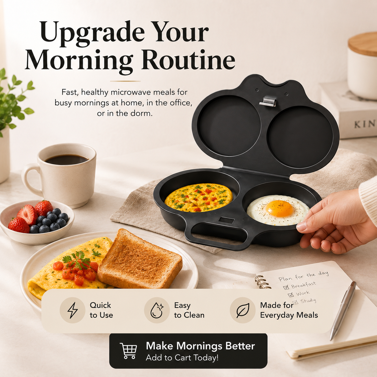 Easy Clean Microwave Omelette Maker, BPA-Free Food-Grade 2-Cup Round Egg Cooker & Poacher, Non-Stick Rapid Breakfast Egg Mold for Omelets, Poached Eggs & Breakfast Sandwiches, Dishwasher Safe