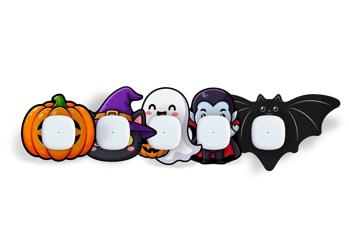 Halloween adhesive patches shown with different CGM device shapes