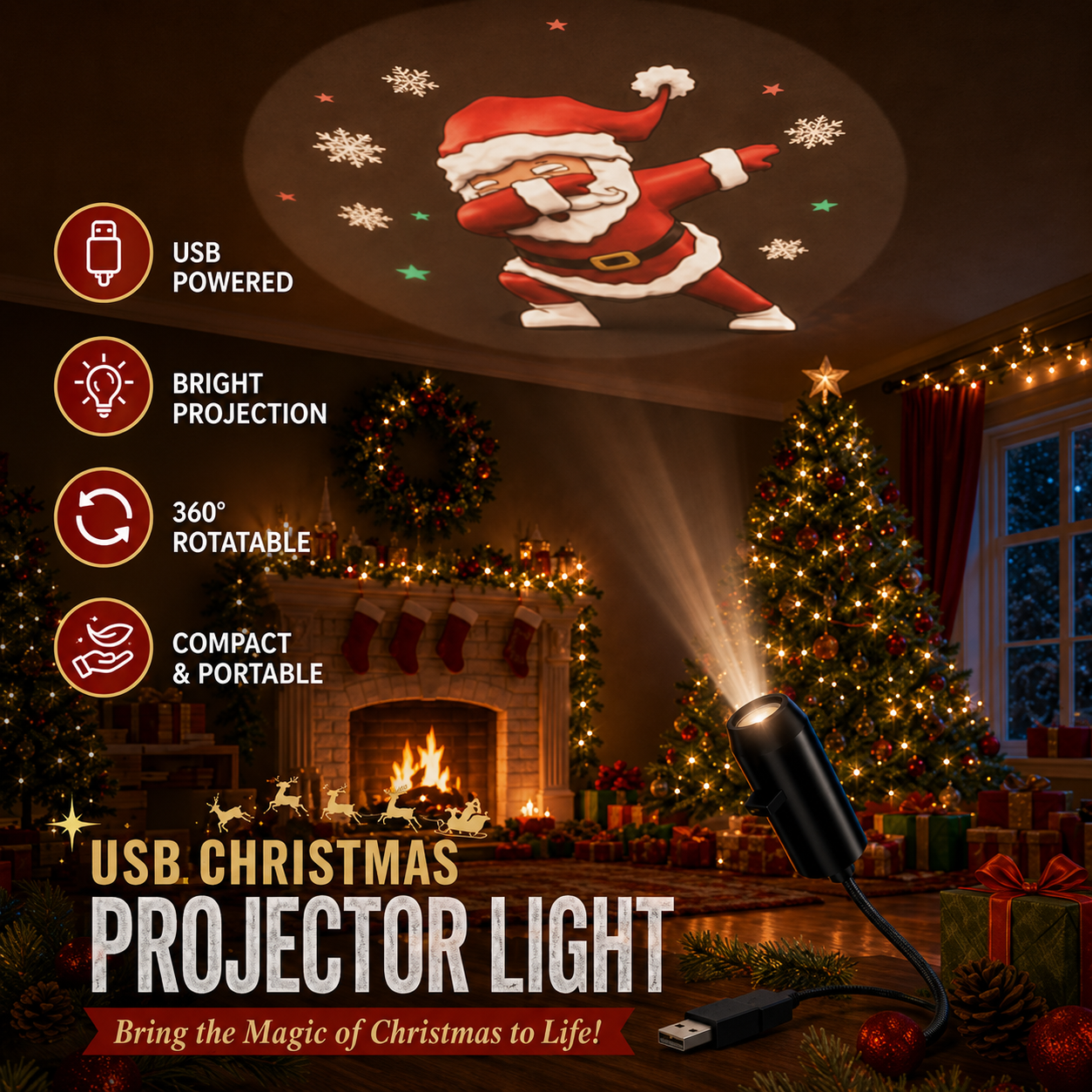 USB powered Christmas projector lamp displaying Santa pattern in decorated living room