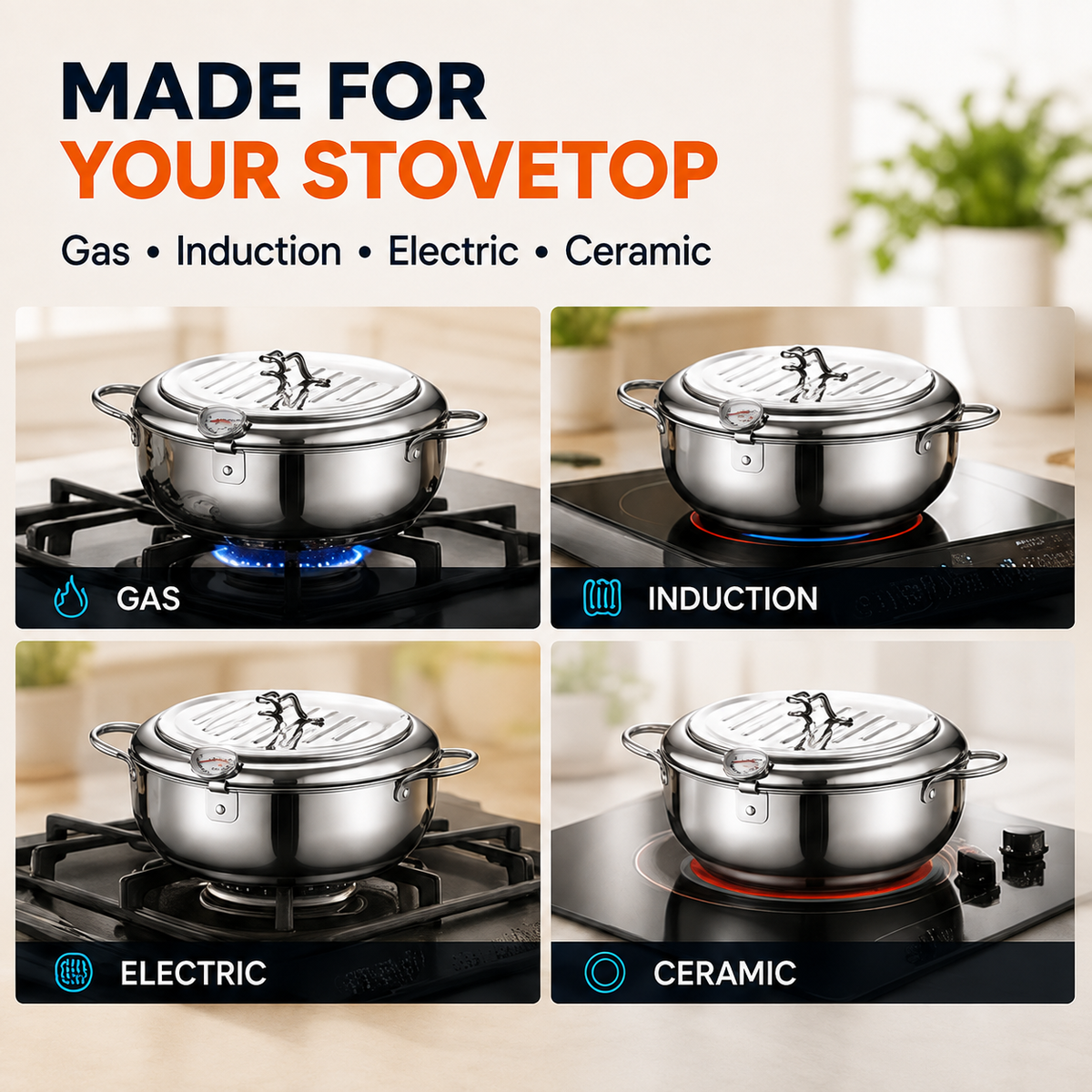 🍗 304 Stainless Steel Deep Fryer Pot | Thermometer + Drip Rack for Perfect Frying