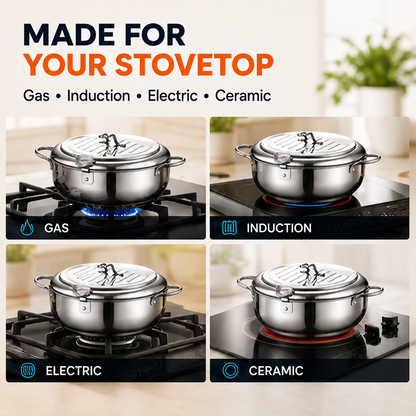 🍗 304 Stainless Steel Deep Fryer Pot | Thermometer + Drip Rack for Perfect Frying