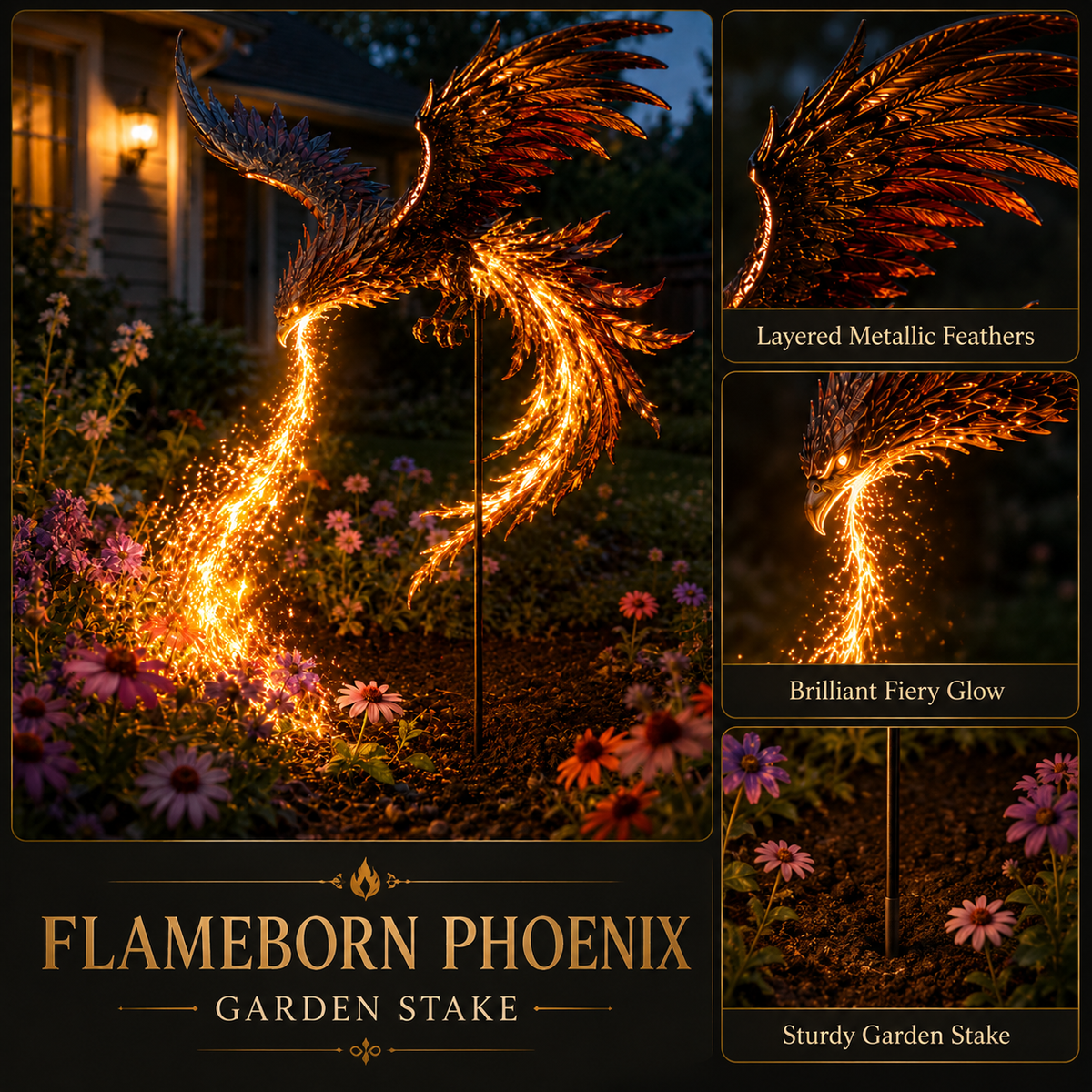 Close-up detail of Solar Phoenix Fire Garden Light wings and feather-like design