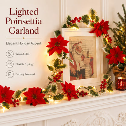 32.8 FT Lighted Christmas Poinsettia Garland with Red Flowers & Berries, Battery-Operated Holiday String Lights for Xmas & New Year Home Decor