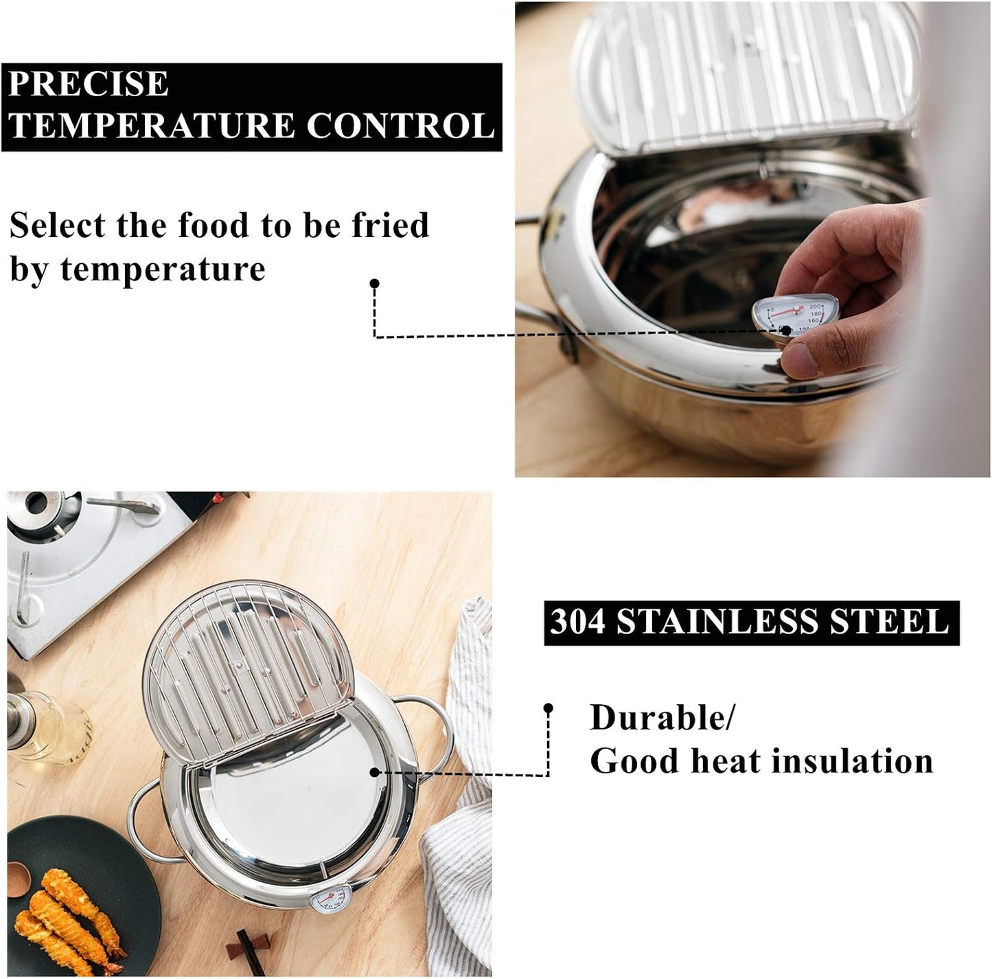 304 Stainless Steel Deep Fryer Pot, Frying Chicken Pot, Tempura deep Fryer with a Thermometer and a lid, Japanese Style Tempura Fryer Pan,2.2L
