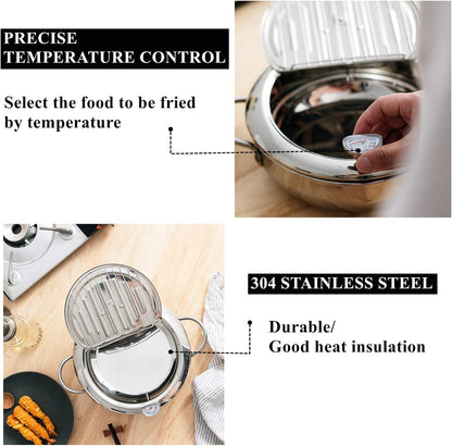 304 Stainless Steel Deep Fryer Pot, Frying Chicken Pot, Tempura deep Fryer with a Thermometer and a lid, Japanese Style Tempura Fryer Pan,2.2L
