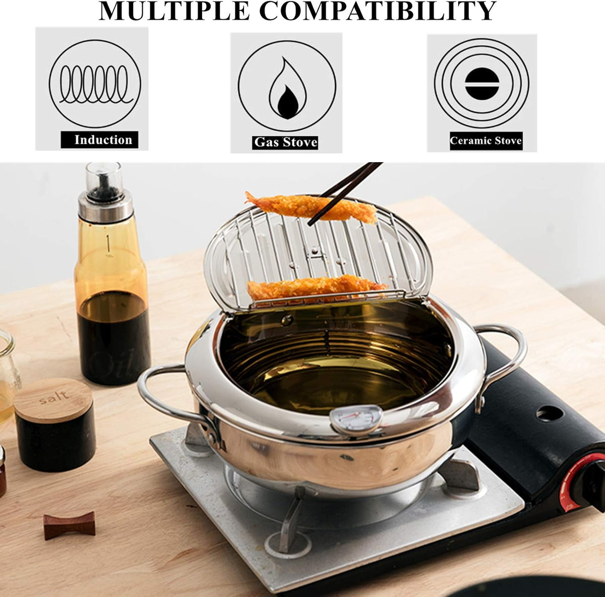 304 Stainless Steel Deep Fryer Pot, Frying Chicken Pot, Tempura deep Fryer with a Thermometer and a lid, Japanese Style Tempura Fryer Pan,2.2L