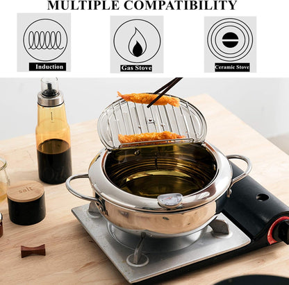 304 Stainless Steel Deep Fryer Pot, Frying Chicken Pot, Tempura deep Fryer with a Thermometer and a lid, Japanese Style Tempura Fryer Pan,2.2L