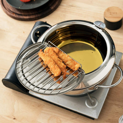 304 Stainless Steel Deep Fryer Pot, Frying Chicken Pot, Tempura deep Fryer with a Thermometer and a lid, Japanese Style Tempura Fryer Pan,2.2L
