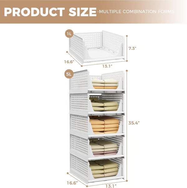 Pinkpum 4 Pack Stackable Plastic Storage Closet Organizers and Storage Bins Drawer Shelf Storage Container for Wardrobe Cupboard Kitchen Bathroom Office White