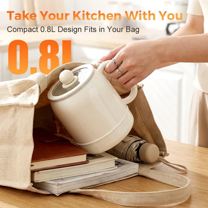 Compact 0.8 liter electric stewing cup packed in a tote bag