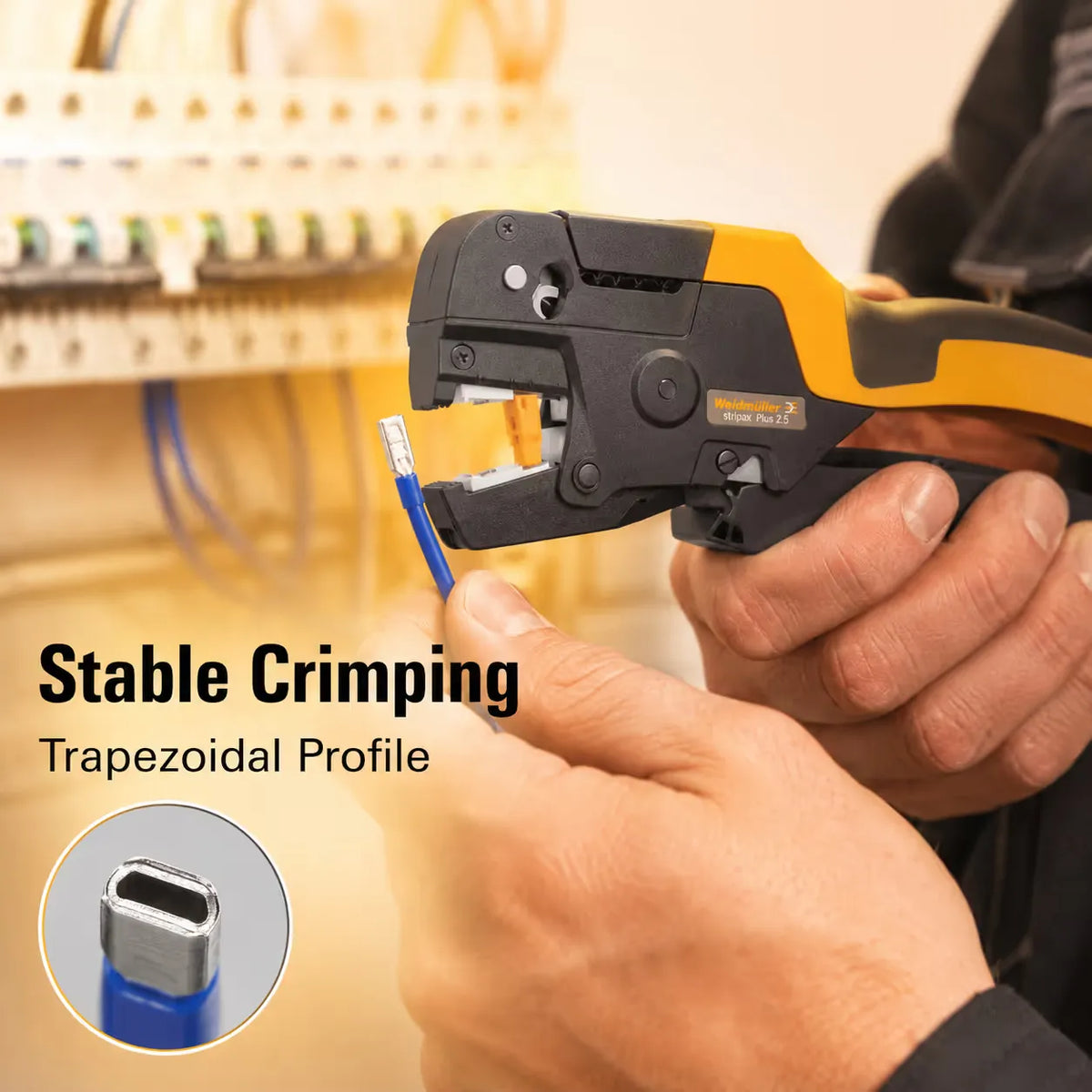 Stable trapezoidal ferrule crimp produced by multi-function crimping pliers