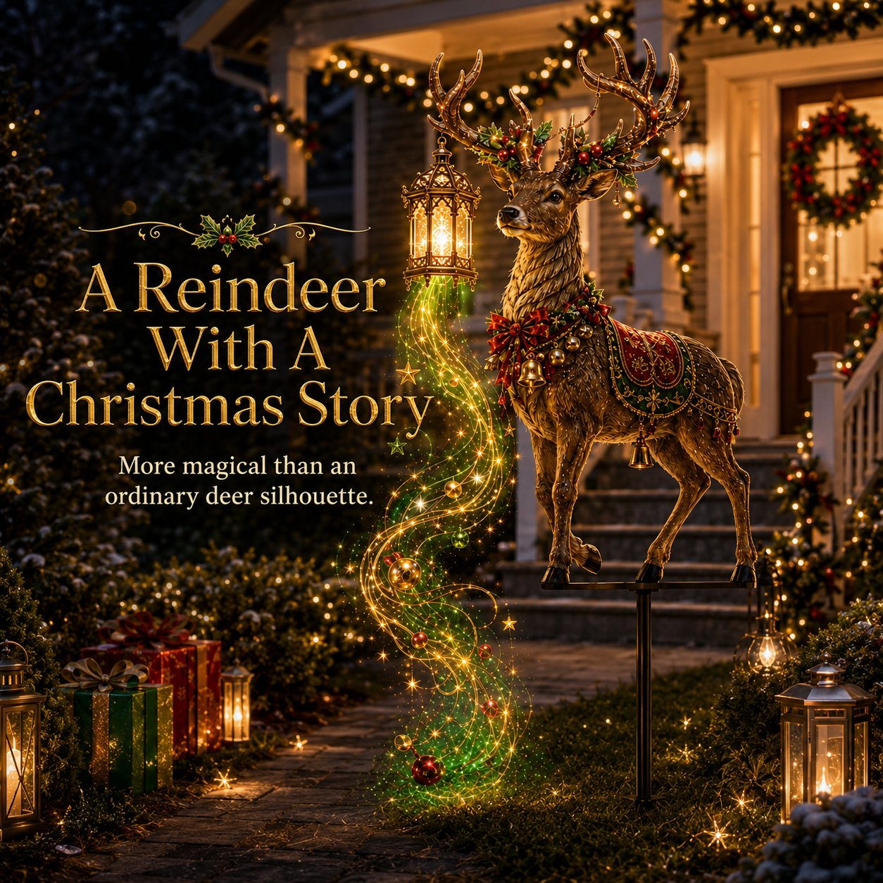 Storybook Christmas reindeer decoration with lantern and magical star trail
