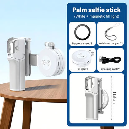 3-in-1 Compact Metal Selfie Stick-Tripod for Cellphone- Black Selfie Stick Kit + Light with Quick Magnetic Setup, Adjustable Holder, Rotatable Stabilizer, Extendable Remote, 3 Rings, Fill Light Ready Mobile Accessory, Selfie Sti