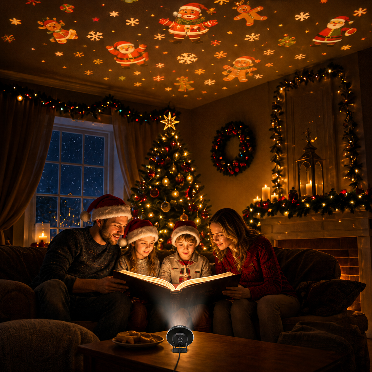 Family enjoying Christmas projector patterns across the ceiling during holiday story time
