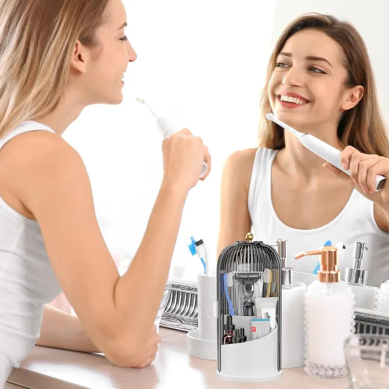 Modern Durable Toothbrush Holder with Cover - 360-Rotating Compact Transparent Door Lid Organizer for Vanity Bathroom Countertop Storage, 1 Count Rotating Box
