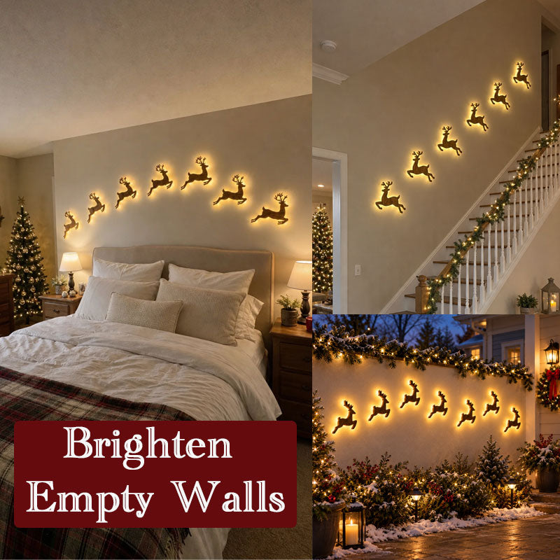 Light up reindeer wall decorations displayed in bedroom staircase and protected exterior holiday scenes