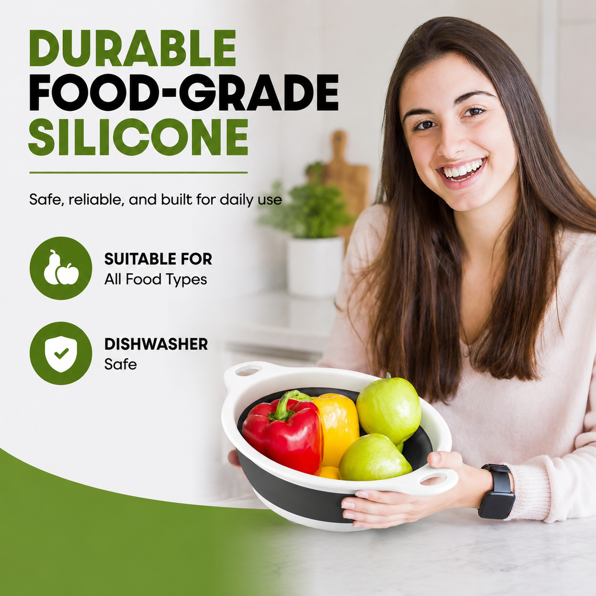 Woman using collapsible colander with fresh vegetables