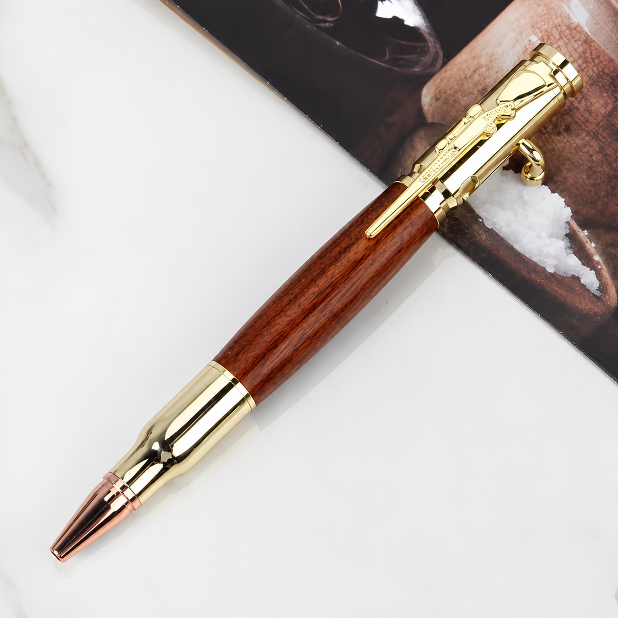 Gold bolt action wooden writing pen with natural wood barrel