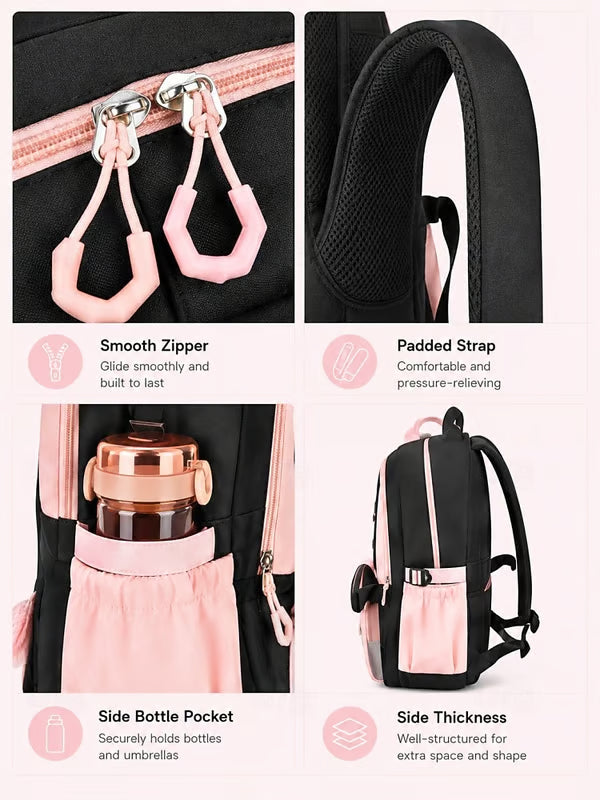 Girls Backpack Set 3PCS School Backpack with Lunch Bag & Pencil Case, Large Capacity Multi-Pocket Water Resistant Polyester Bookbag, Travel Friendly Luggage Strap, Anti-Theft Pocket, Pink Purple Blue