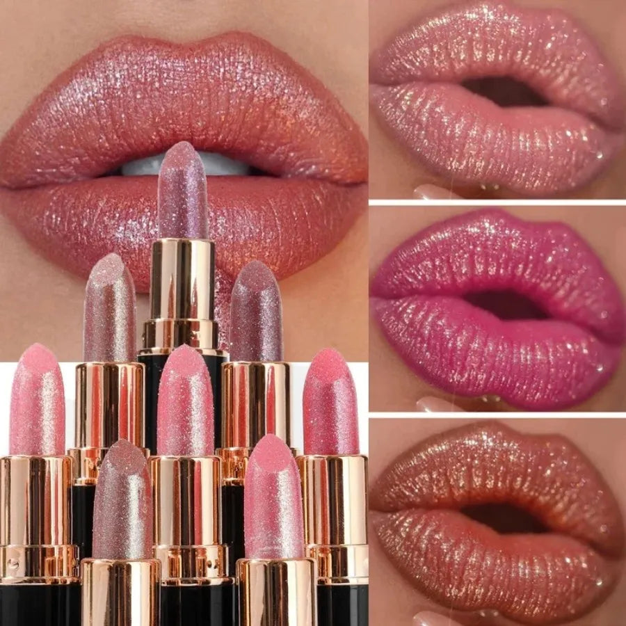 Diamond glitter lipstick collection showing multiple sparkling lip shades