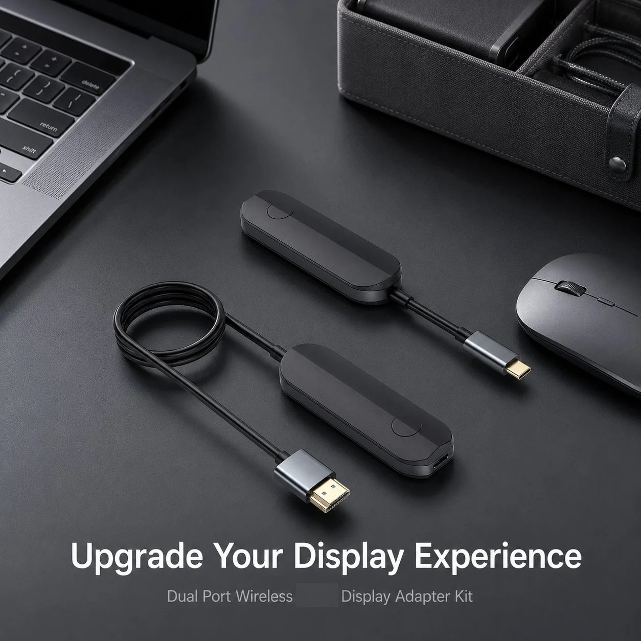 Wireless display adapter on a desk with laptop and accessories