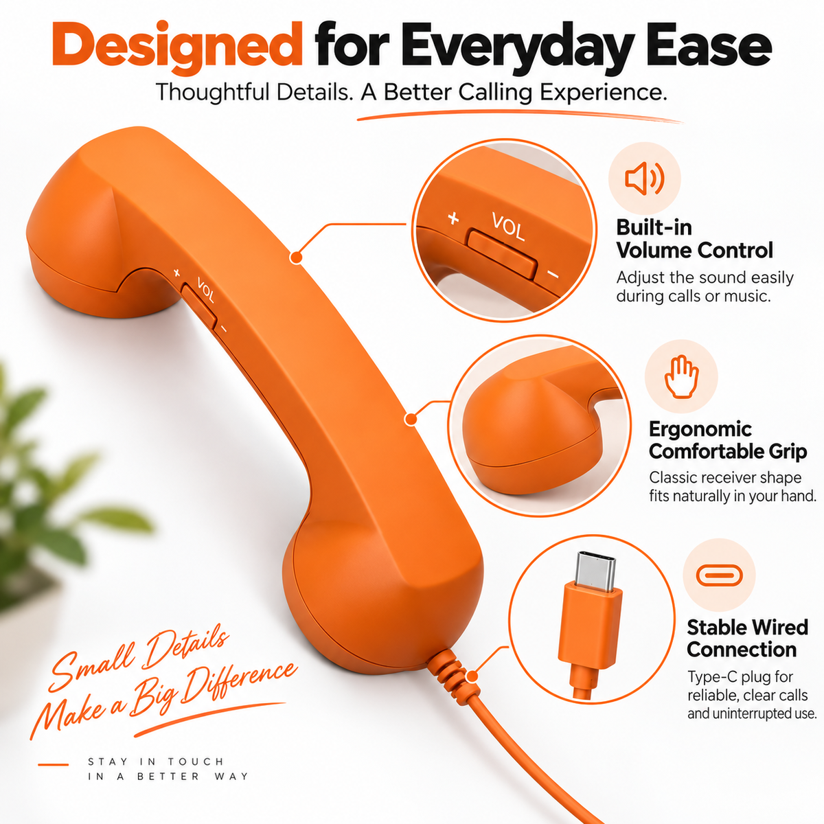 RetroVibe ergonomic retro handset with built-in volume control and Type-C connection