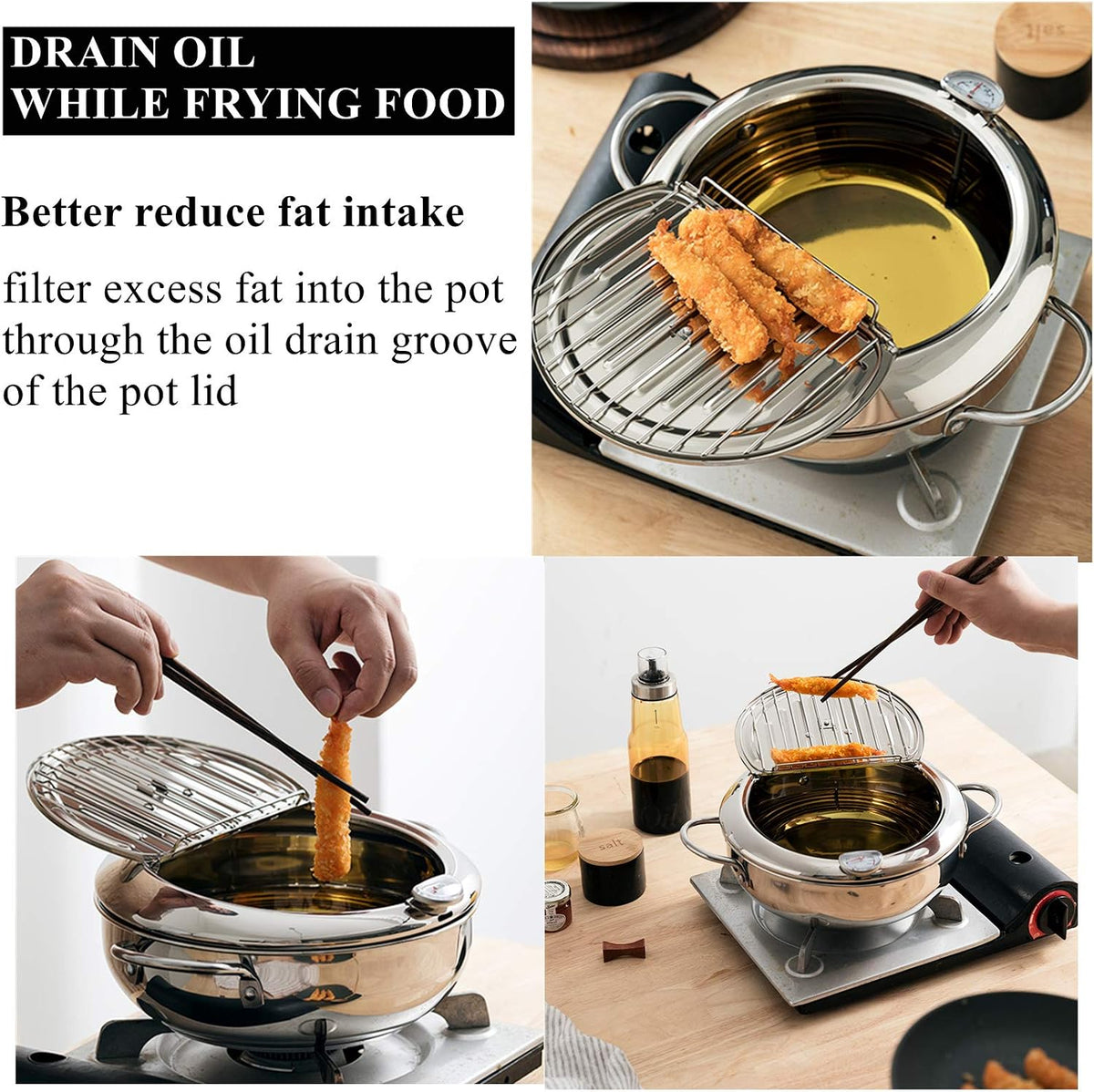 304 Stainless Steel Deep Fryer Pot, Frying Chicken Pot, Tempura deep Fryer with a Thermometer and a lid, Japanese Style Tempura Fryer Pan,2.2L