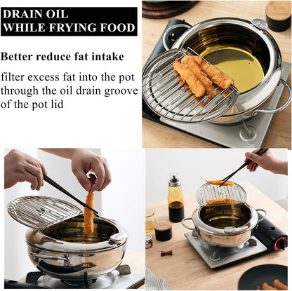 304 Stainless Steel Deep Fryer Pot, Frying Chicken Pot, Tempura deep Fryer with a Thermometer and a lid, Japanese Style Tempura Fryer Pan,2.2L