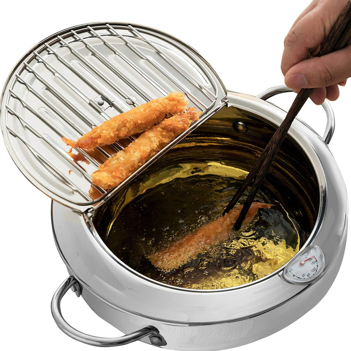 304 Stainless Steel Deep Fryer Pot, Frying Chicken Pot, Tempura deep Fryer with a Thermometer and a lid, Japanese Style Tempura Fryer Pan,2.2L