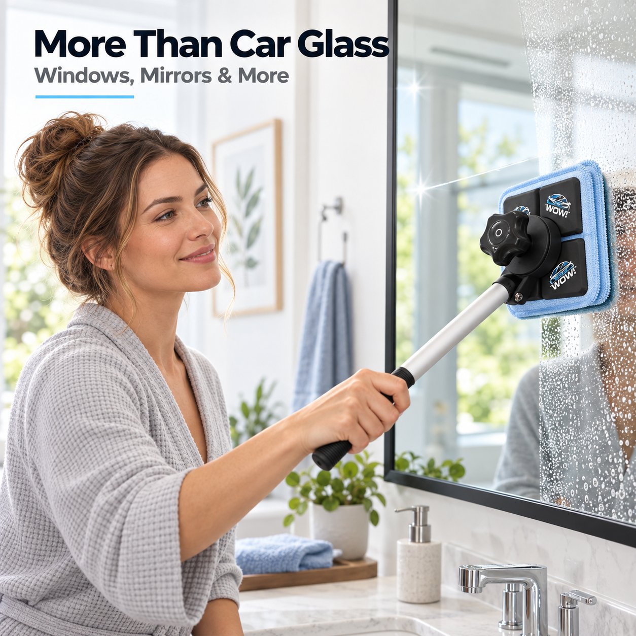 Dual magnetic glass cleaning tool used on household bathroom mirror