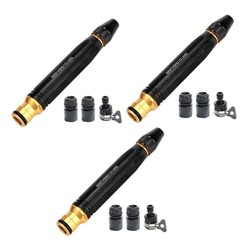 Three heavy duty adjustable twist jet hose nozzle sets with connectors