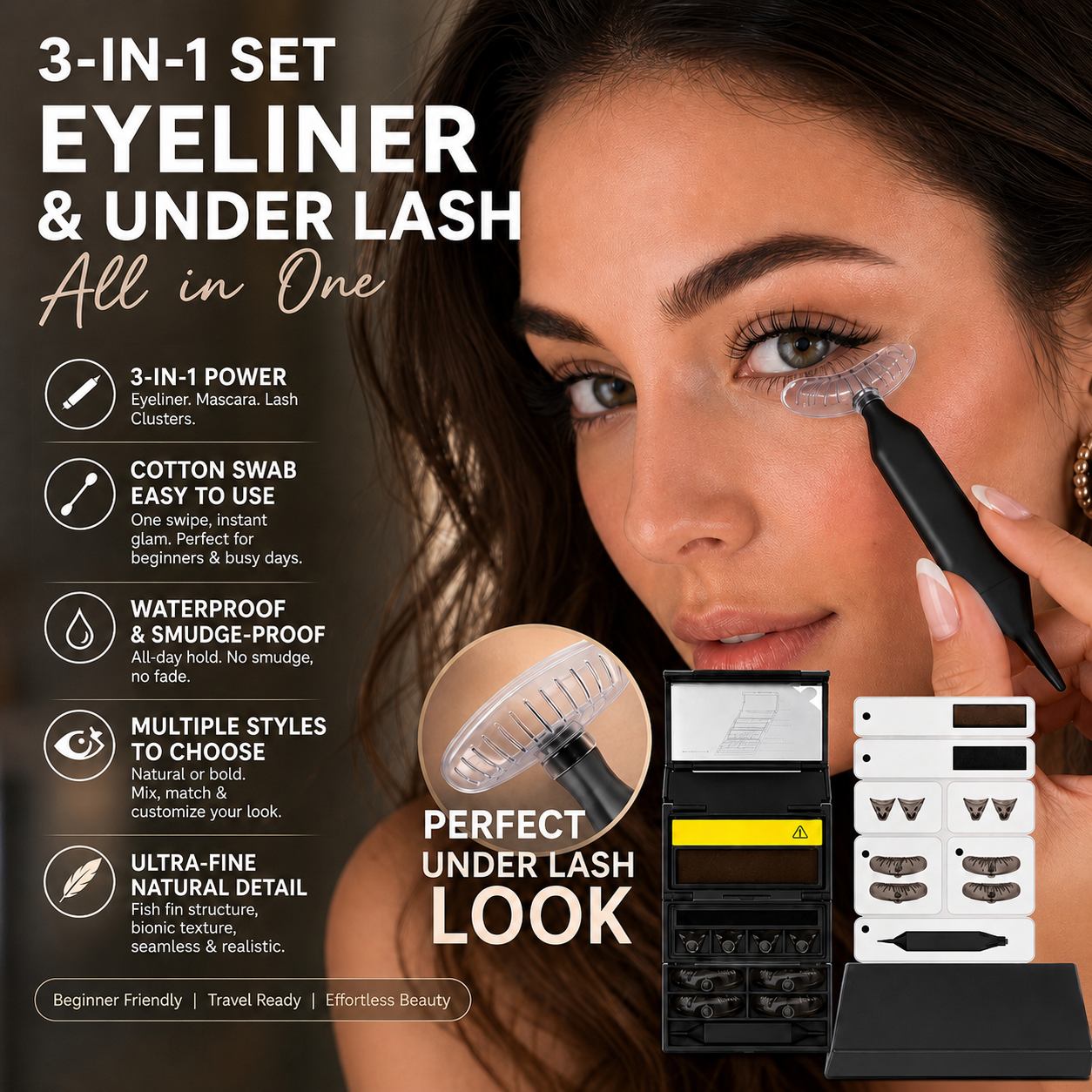 Woman using curved lower lash stamp applicator with 3 in 1 makeup kit