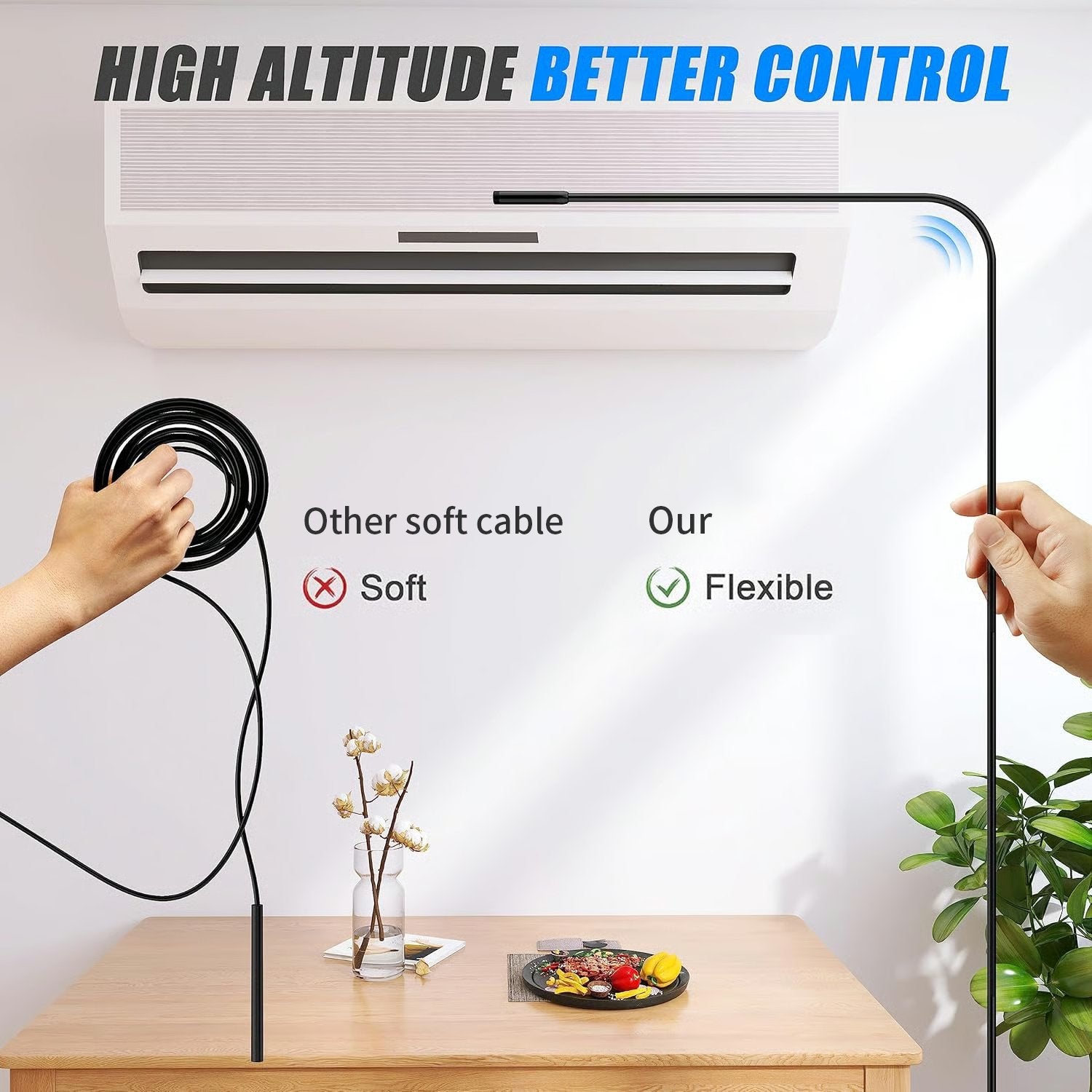 Semi-rigid endoscope camera cable holding its shape for elevated inspection