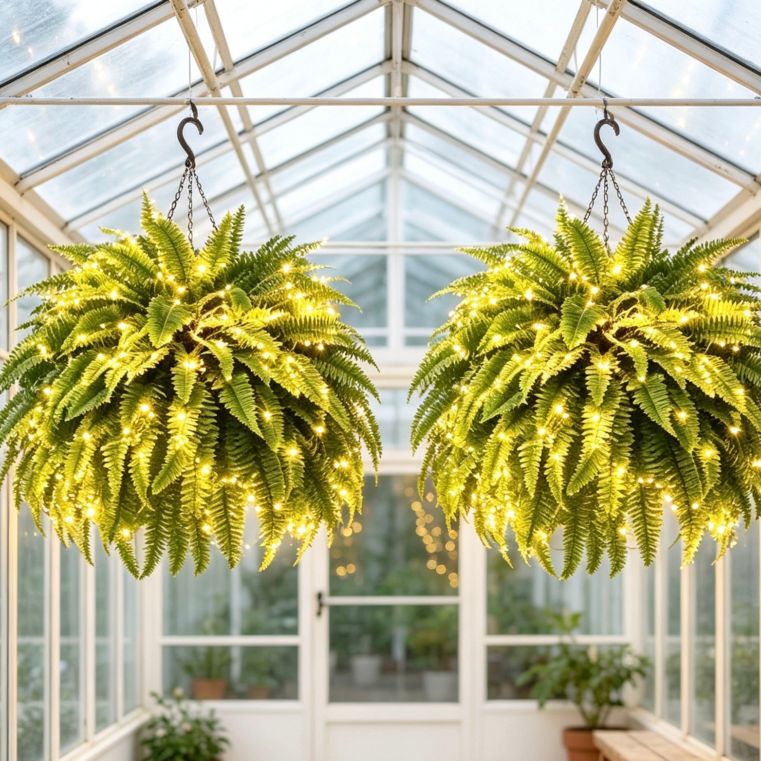 Two illuminated Boston ferns hanging inside a bright greenhouse