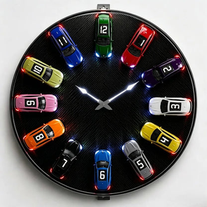 Sports Car Model Wall Clock with twelve colorful miniature racing car figurines