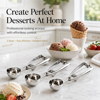 Stainless Steel Ice Cream Scoop Set of 3 - 3 Sizes Cookie Scoop with Trigger Release System for Baking & Desserts - Versatile Kitchen Tools