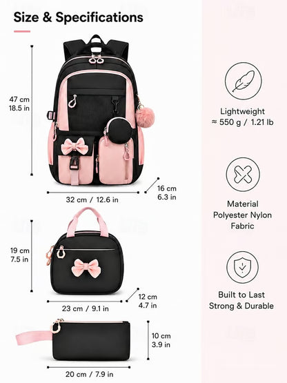 Girls Backpack Set 3PCS School Backpack with Lunch Bag & Pencil Case, Large Capacity Multi-Pocket Water Resistant Polyester Bookbag, Travel Friendly Luggage Strap, Anti-Theft Pocket, Pink Purple Blue