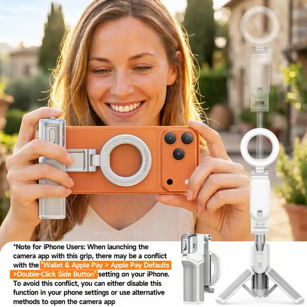 3-in-1 Compact Metal Selfie Stick-Tripod for Cellphone- Black Selfie Stick Kit + Light with Quick Magnetic Setup, Adjustable Holder, Rotatable Stabilizer, Extendable Remote, 3 Rings, Fill Light Ready Mobile Accessory, Selfie Sti