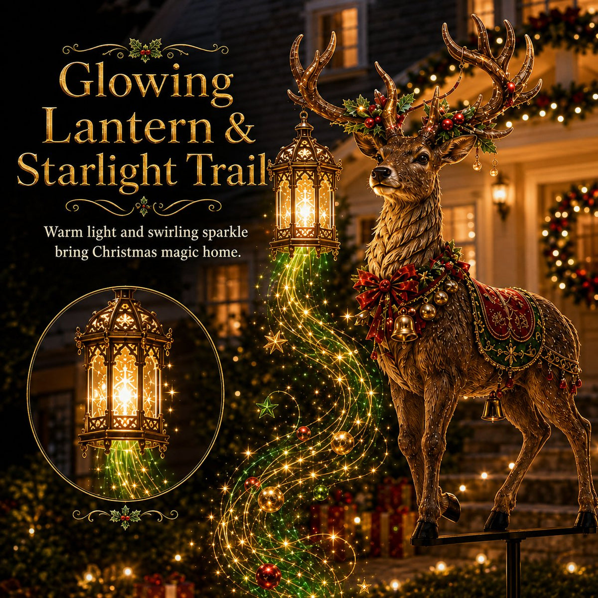 Close-up of glowing lantern and green gold starlight trail on Christmas reindeer decoration