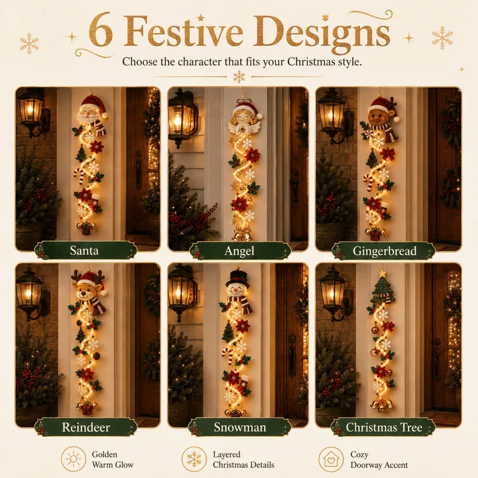 ⏳ Last Day 49% OFF – 🎄MerryCascade™ Glowing Christmas Door Hanger | 6 Festive Lighted Designs with Warm Glow, Dimensional Details & Space-Saving Vertical Décor