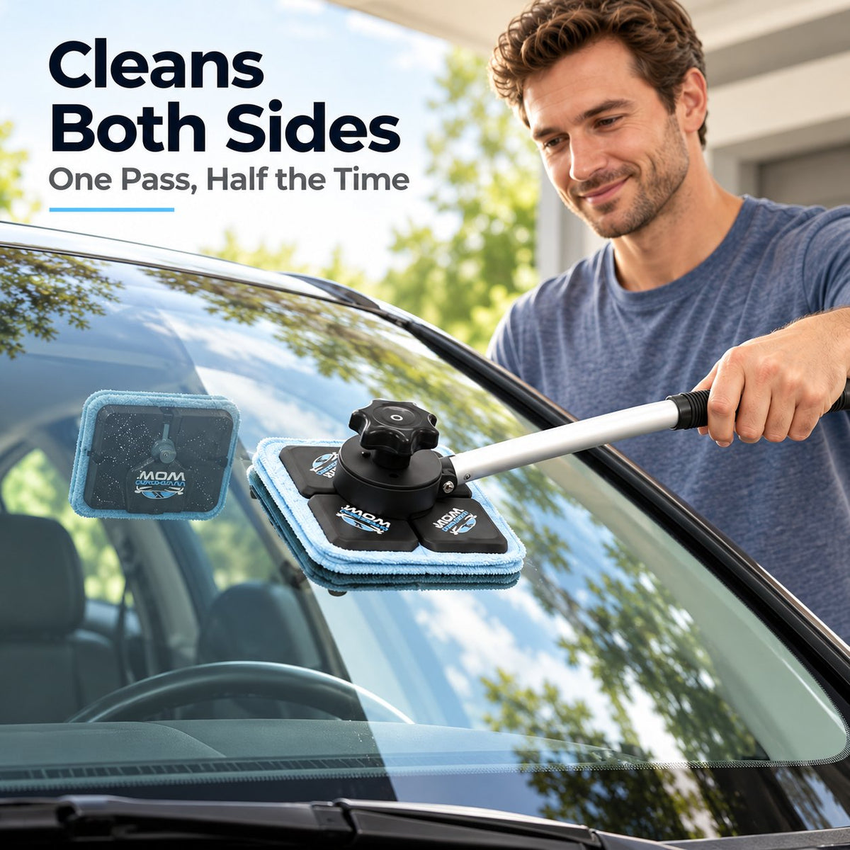 Magnetic windshield cleaner heads working on opposite sides of car glass