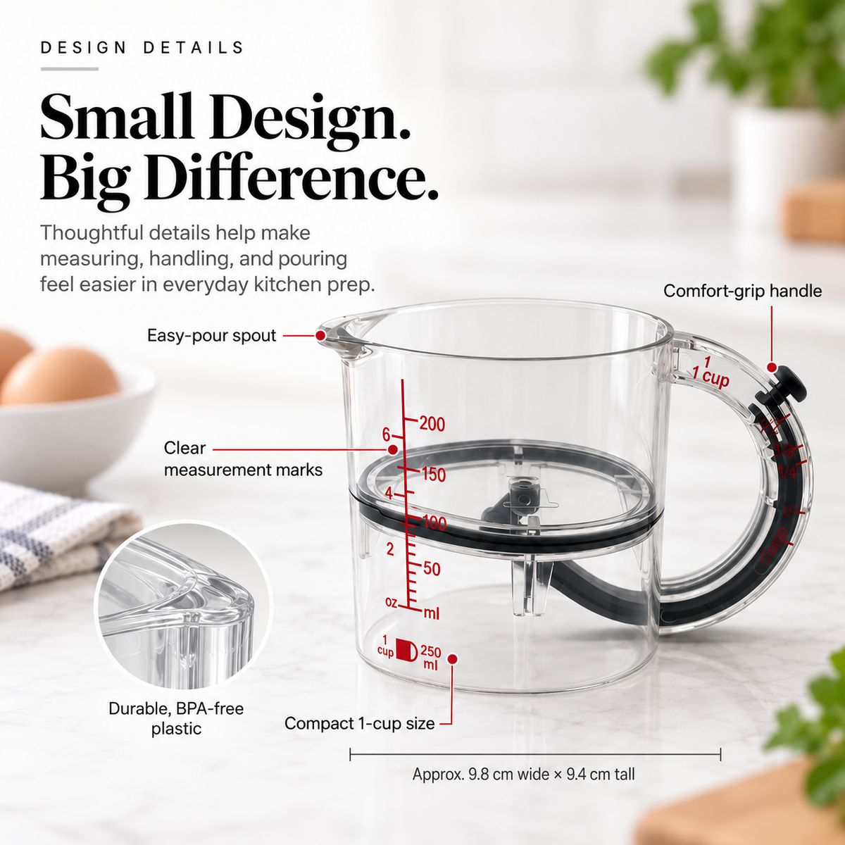 Measuring cup markings handle spout and dimensions