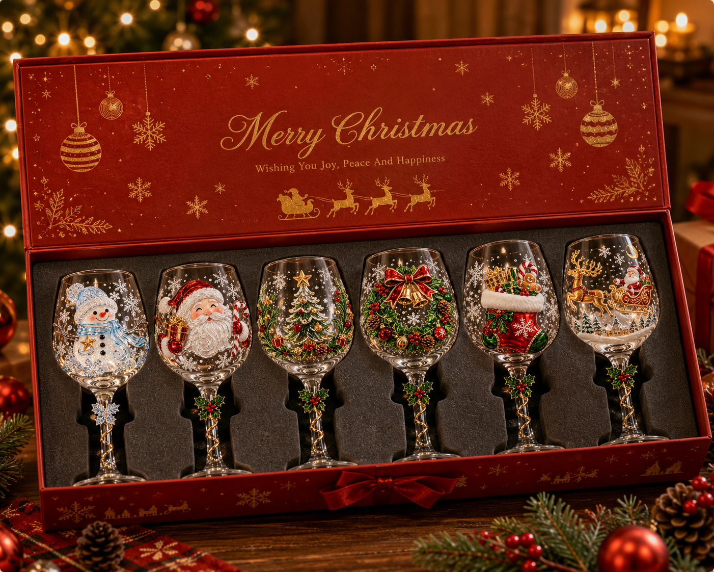 Complete collection of six Christmas 3D decorated stemmed glasses in festive presentation box