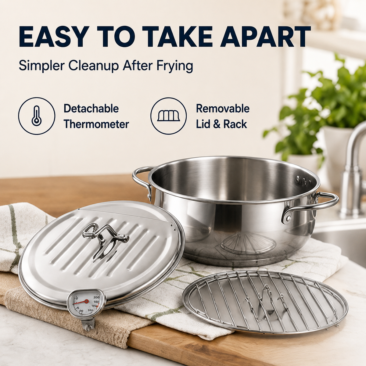 🍗 304 Stainless Steel Deep Fryer Pot | Thermometer + Drip Rack for Perfect Frying