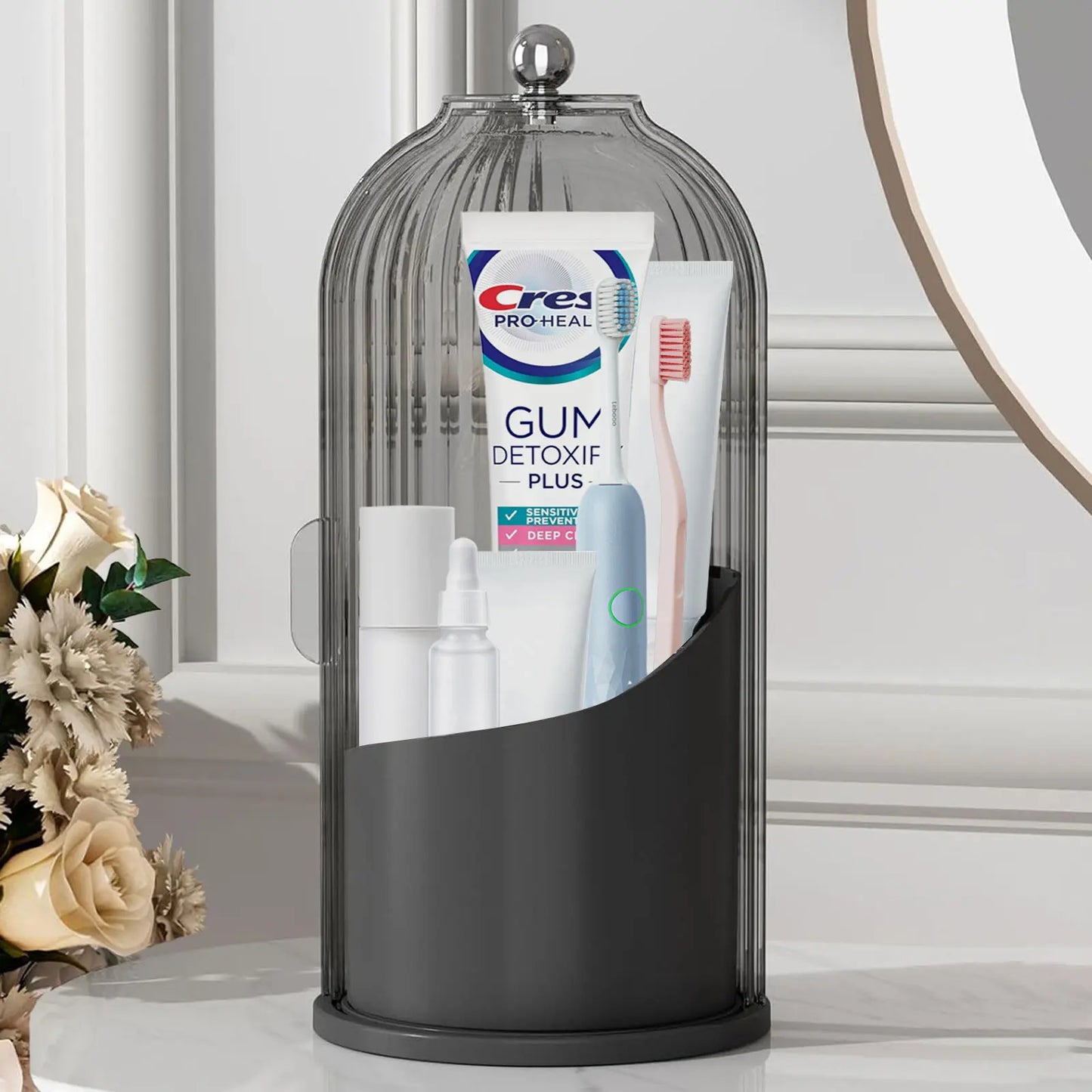 Modern Durable Toothbrush Holder with Cover - 360-Rotating Compact Transparent Door Lid Organizer for Vanity Bathroom Countertop Storage, 1 Count Rotating Box