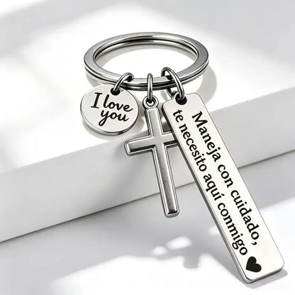 Keychain with Cross and 'I Love You' Charm