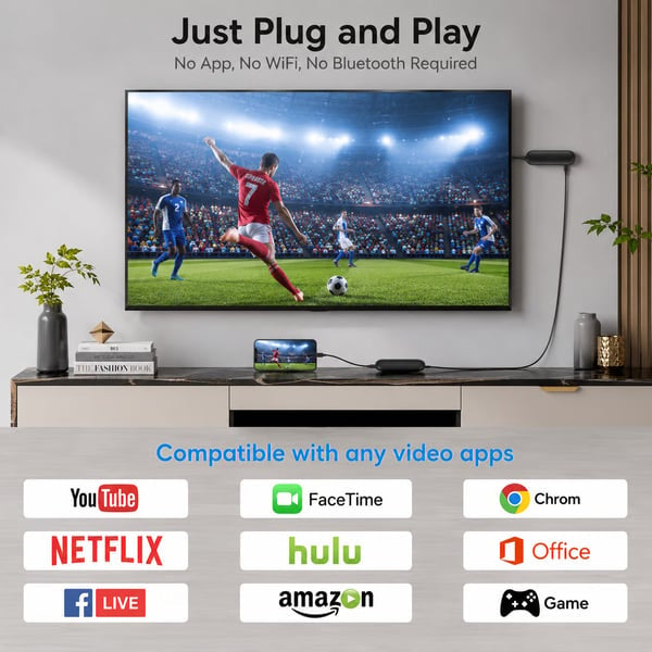 Wireless display adapter showing video on a large TV