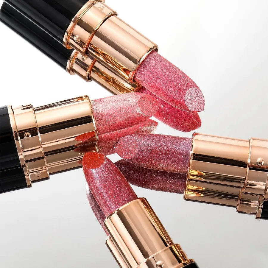 Collection of sparkling metallic glitter lipsticks in rose and pink shades