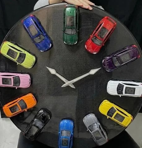 Sports car wall clock with black dial white hands and silent quartz movement