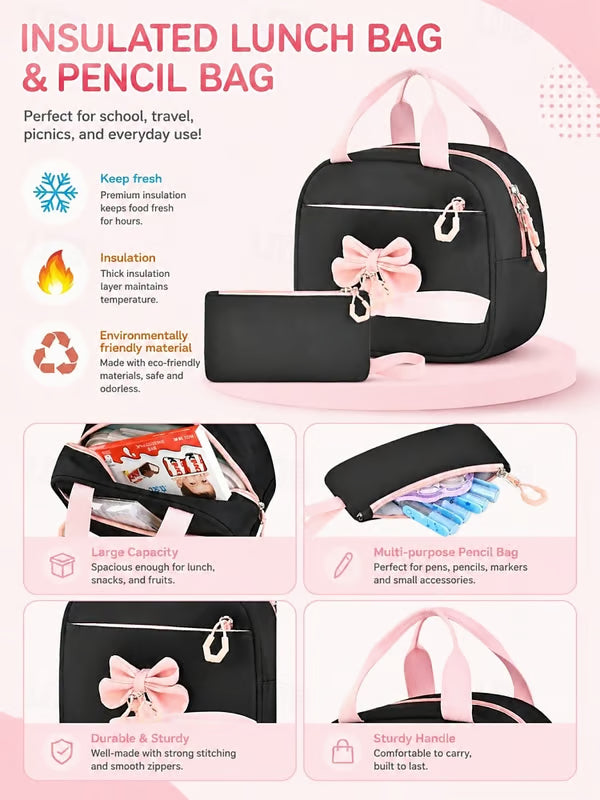 Girls Backpack Set 3PCS School Backpack with Lunch Bag & Pencil Case, Large Capacity Multi-Pocket Water Resistant Polyester Bookbag, Travel Friendly Luggage Strap, Anti-Theft Pocket, Pink Purple Blue